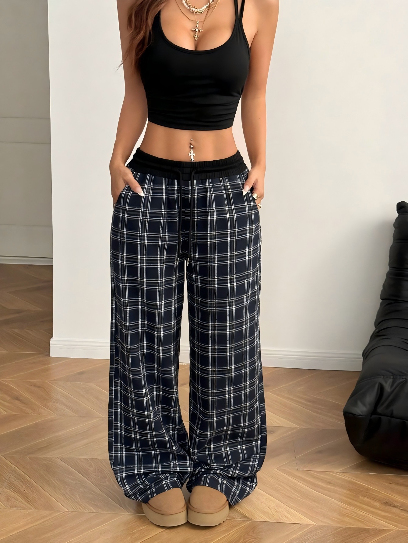 Retro Plaid Drawstring Wide-Leg Pants