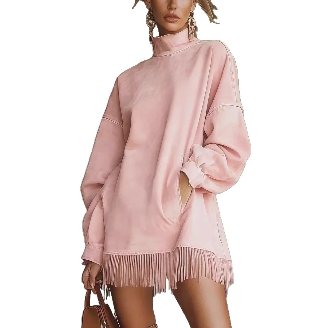 High Neck Faux Suede Tassel Long Sleeve Dress