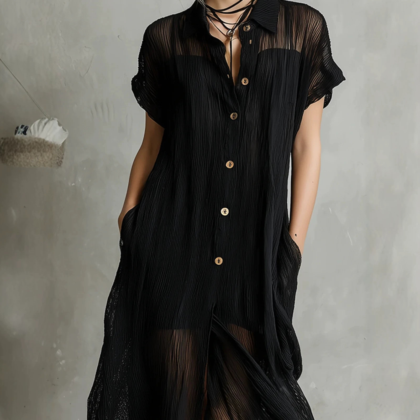Sheer Plisse Collared Button-Front Short-Sleeve Long Shirt Dress with Asymmetric Hem and Slit