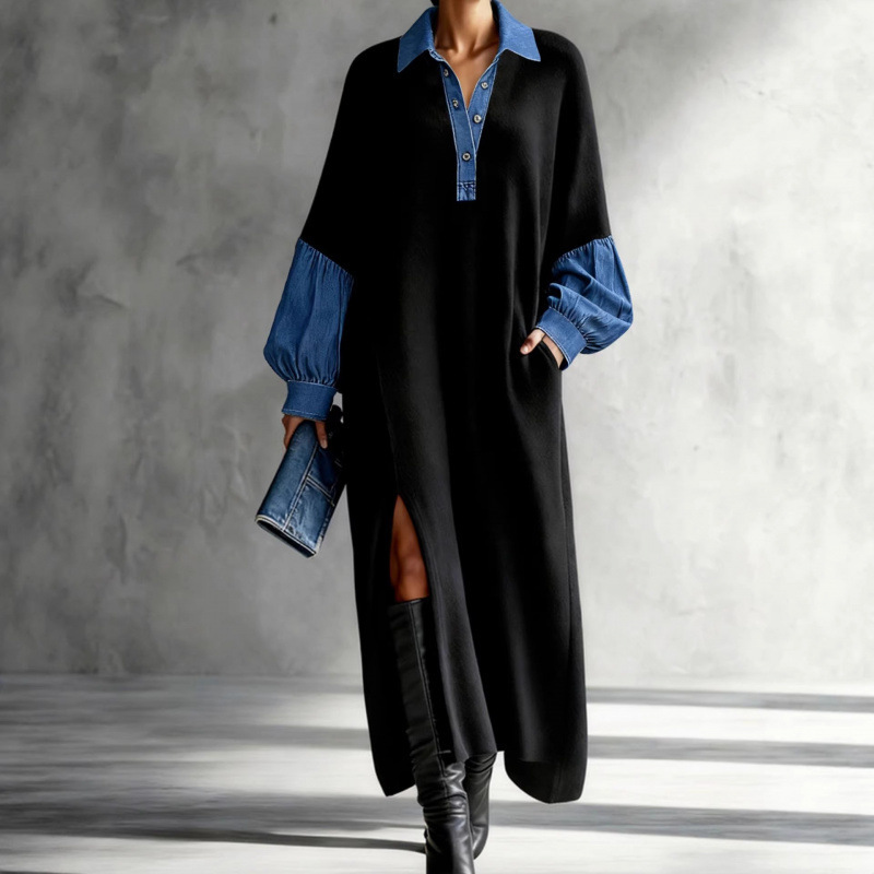 Retro Colorblock Denim-Look Polo Collar Lantern Sleeve Loose A-Line Dress