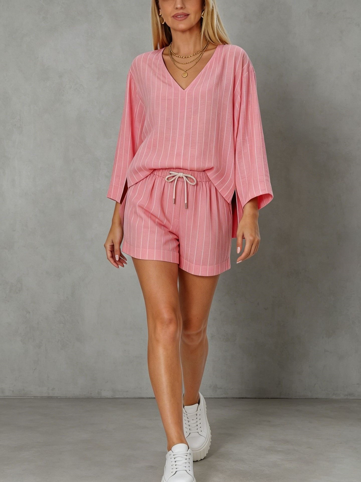 Women's Striped Two-Piece Set V-Neck Long Sleeve Top & Shorts