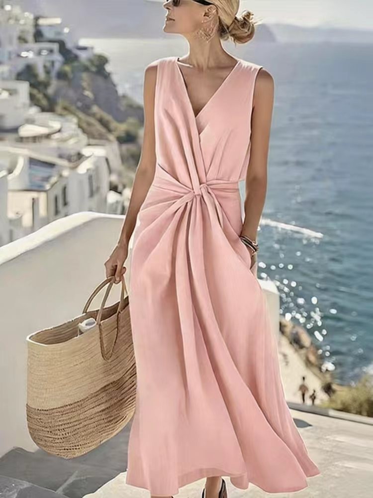 Women's Twist-Front V-Neck Sleeveless Cotton-Linen Dress with Pockets