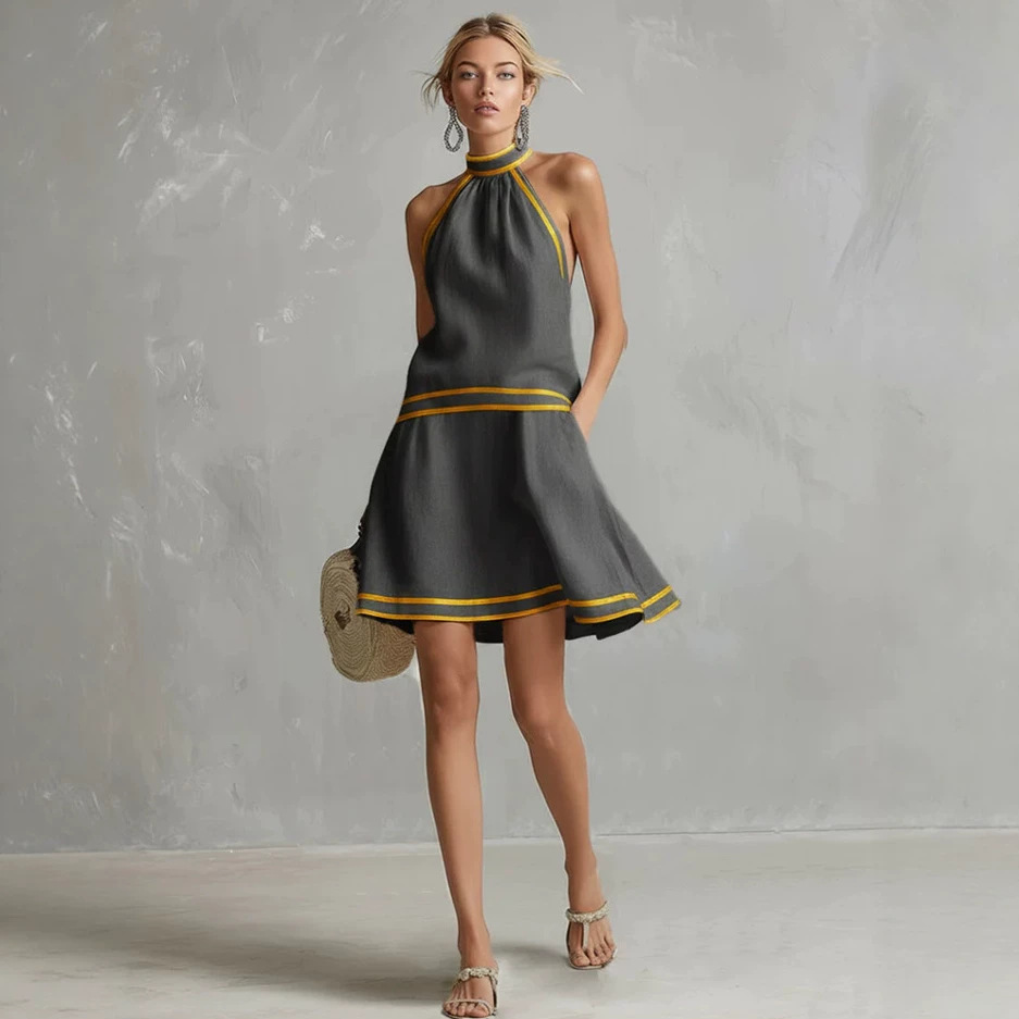 Women's Halter Neck Sleeveless A-Line Dress with Striped Trim
