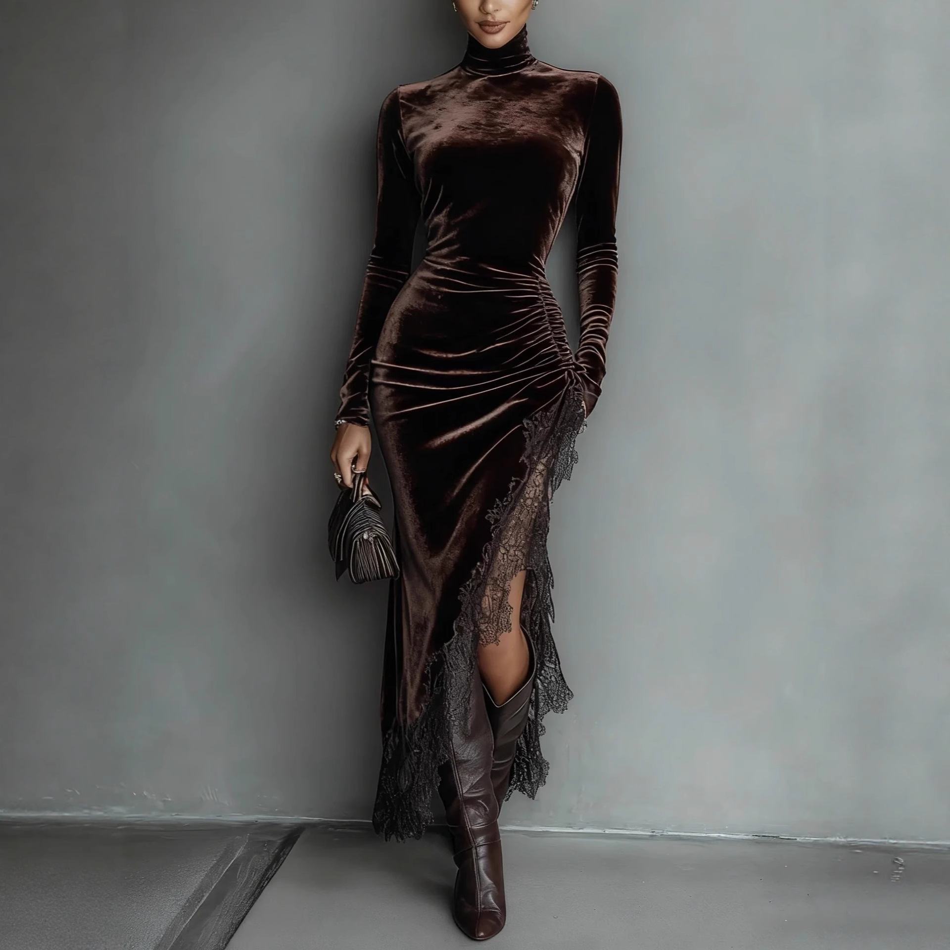 High Neck Velvet Long Sleeve Bodycon Dress with Open Back and Ruched Details
