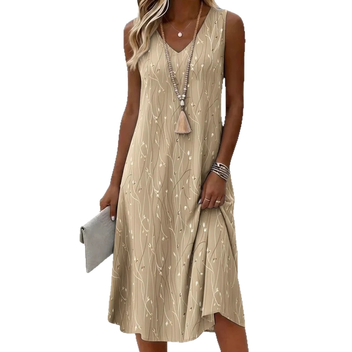 Women's Sleeveless V-Neck Floral Print A-Line Midi Dress
