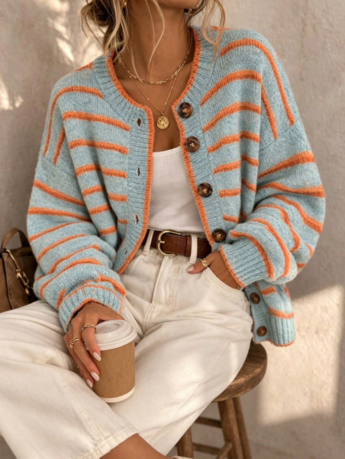 Striped Knit Cardigan Sweater Coat Colorblock Loose Fit