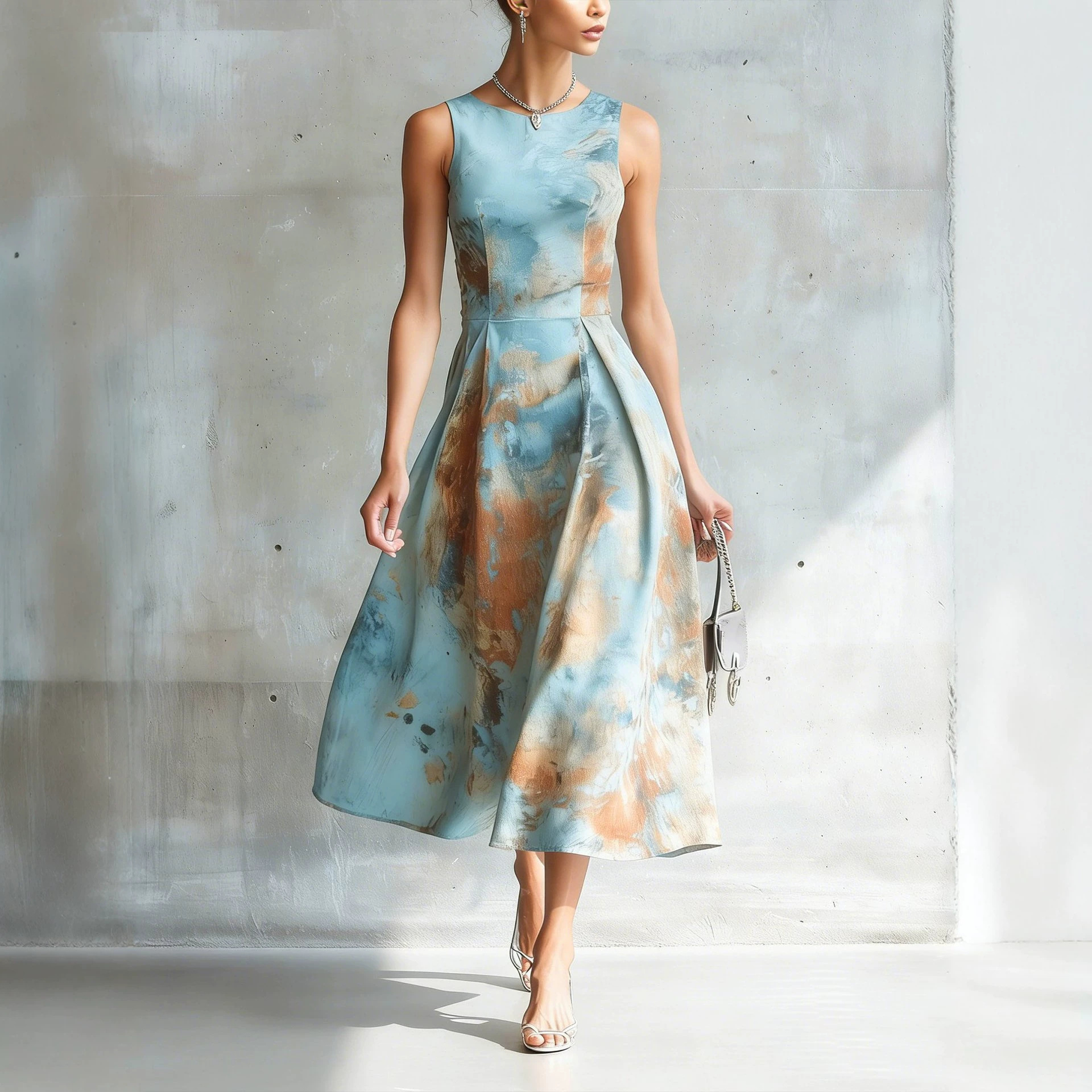 Floral Print Sleeveless Midi Dress Round Neck A-Line