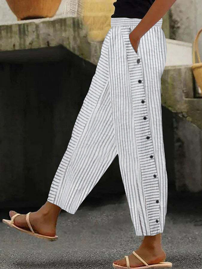Women's Striped High-Waist Cropped Skinny Pants with Stretch