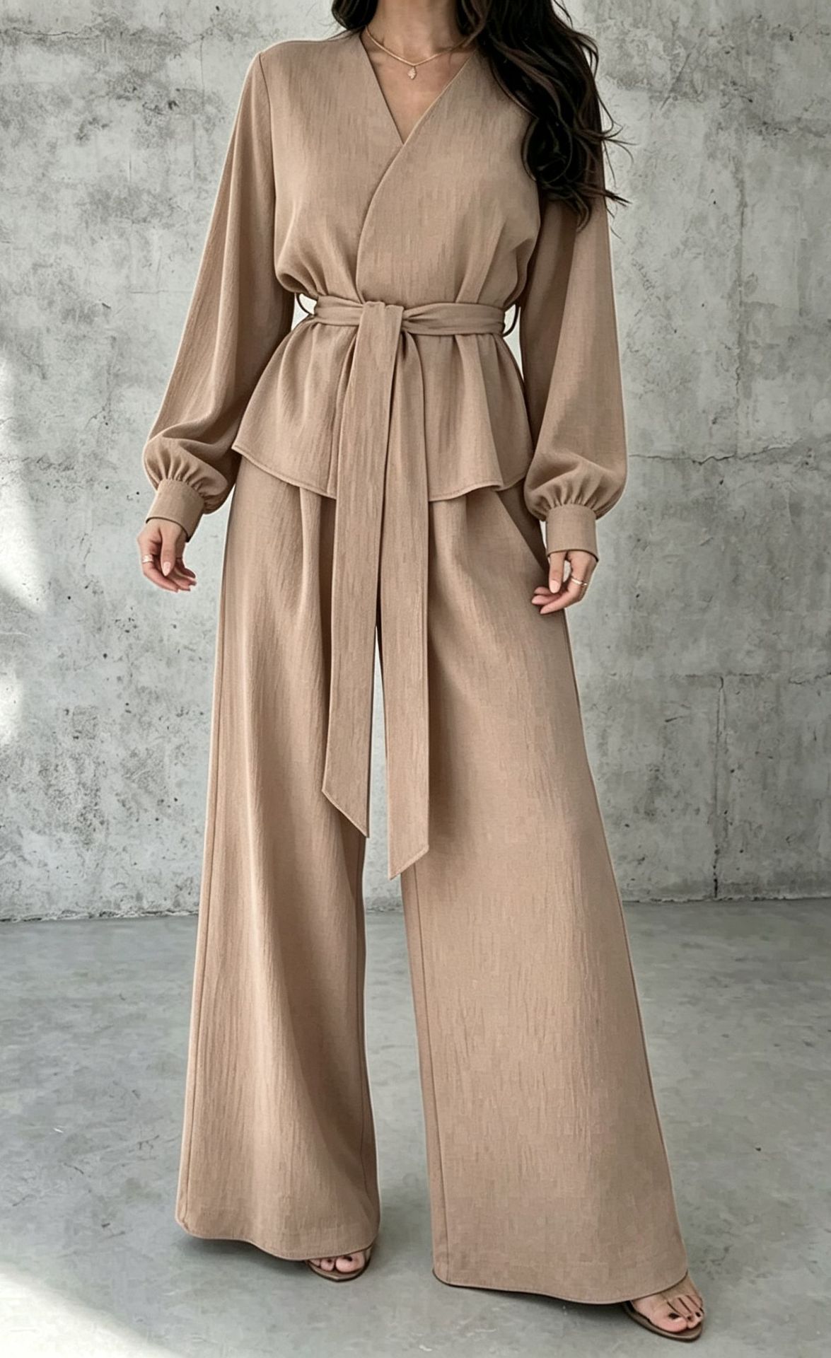 V-Neck Tie Long Sleeve Wide-Leg Pants Casual Two-Piece Set