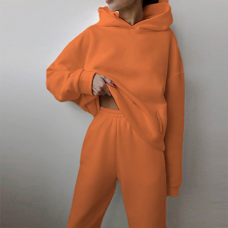 Women's Solid Color Hooded Sweatshirt and Pants Two-Piece Casual Set