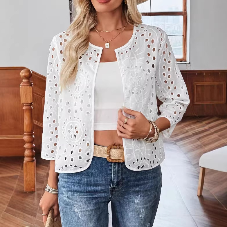 Women's Solid Color Open-Front Cardigan Jacket with Hollow-Out Embroidery