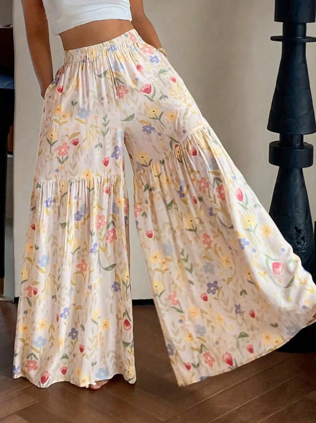 High-Waist Floral Wide-Leg Pants Casual Loose Fit
