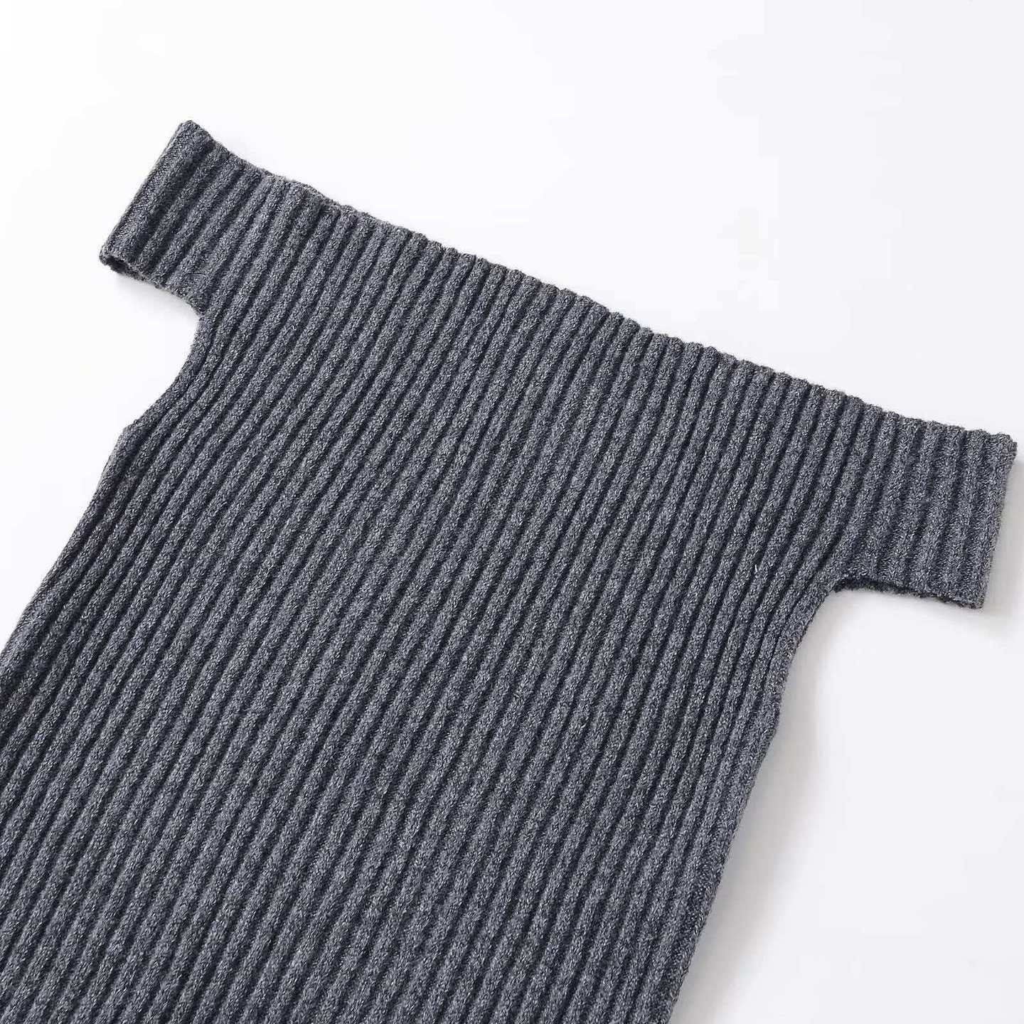 Women's Off-Shoulder Ribbed Knit Short Sleeve Top Slimming Fit Dark Gray