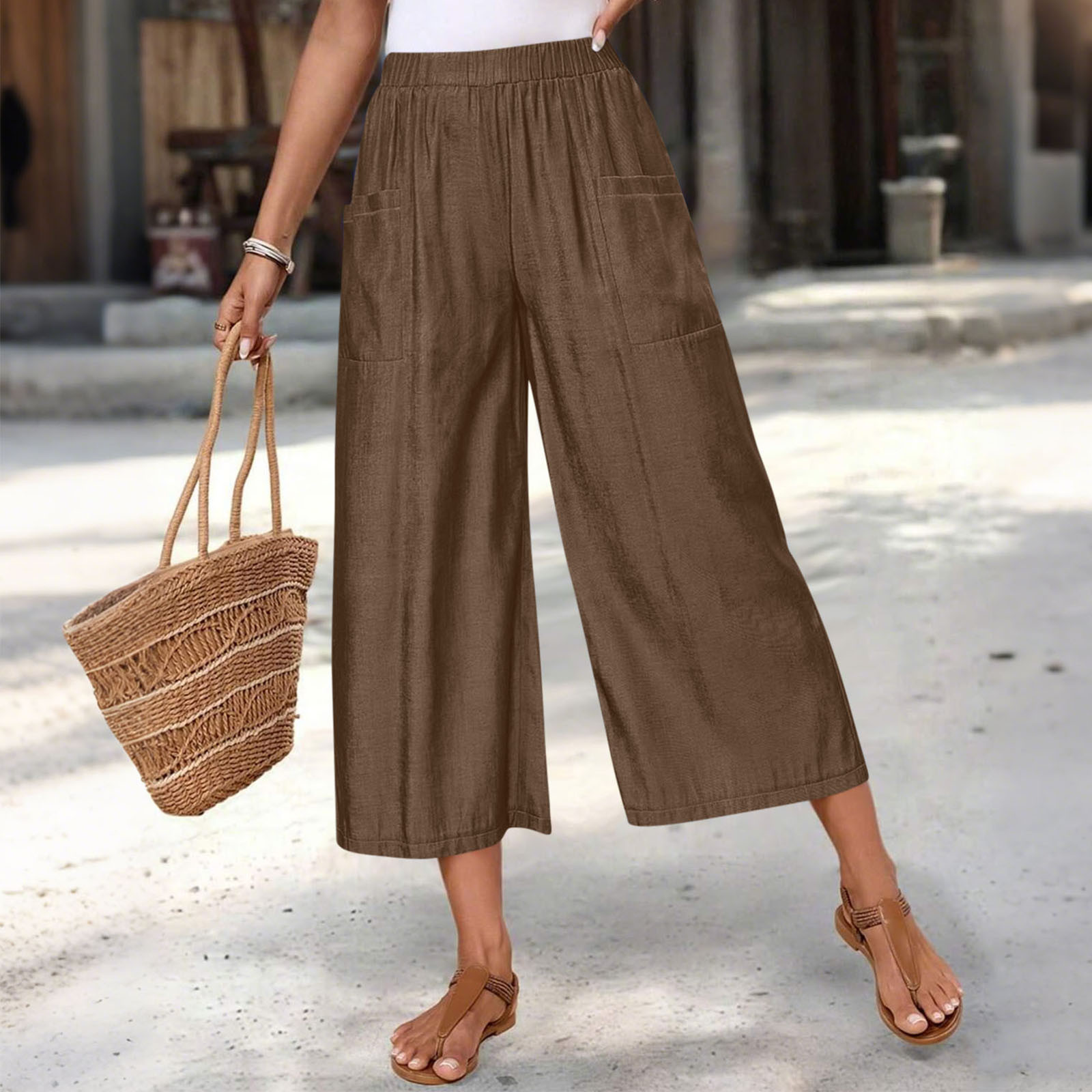 Women's Loose Wide-Leg Capri Pants with Pockets Casual