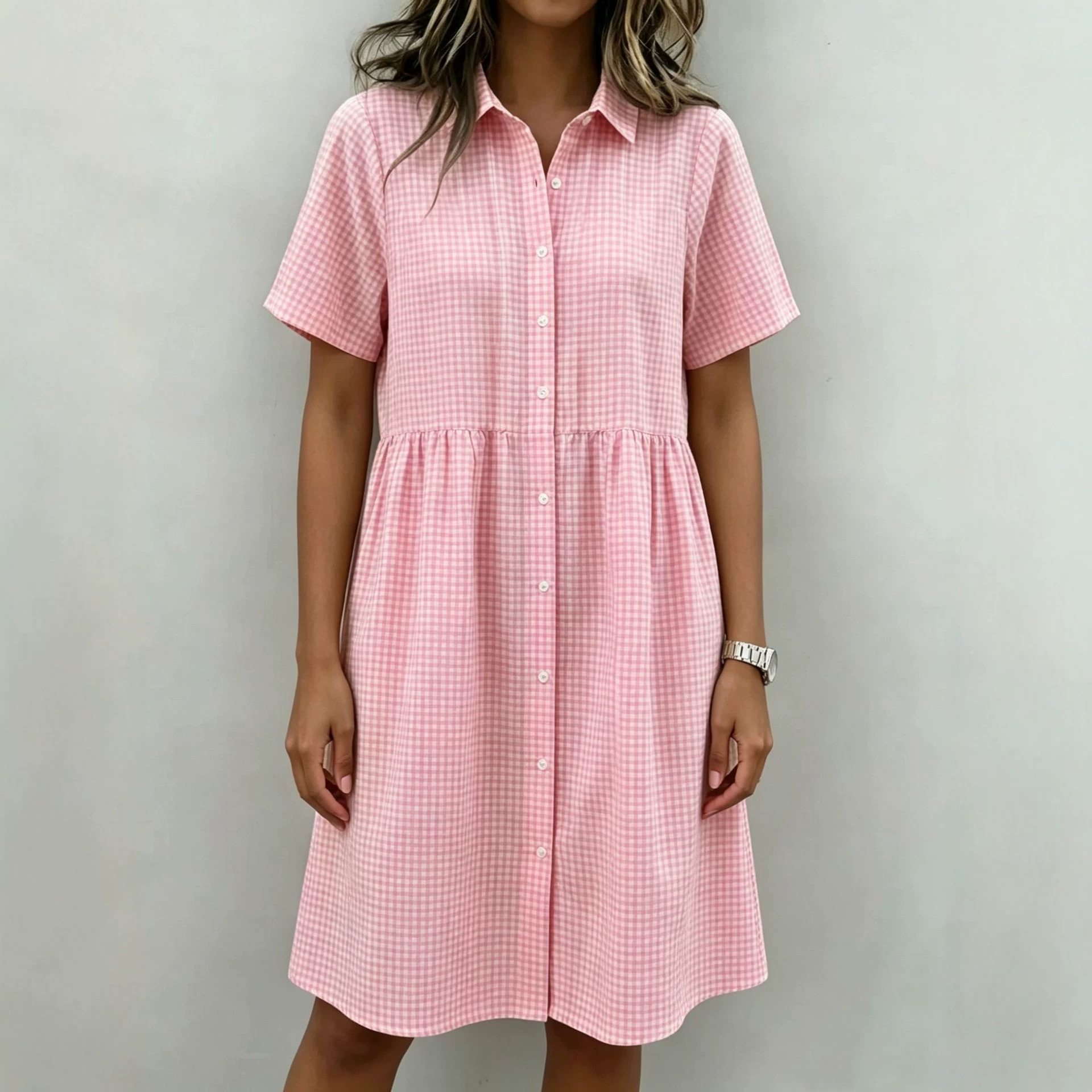 Retro Plaid Polo Collar Bubble Sleeve Dress