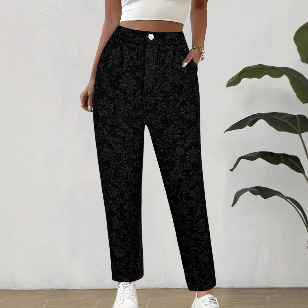 Floral Jacquard High-Waist Straight-Leg Pants with Pockets