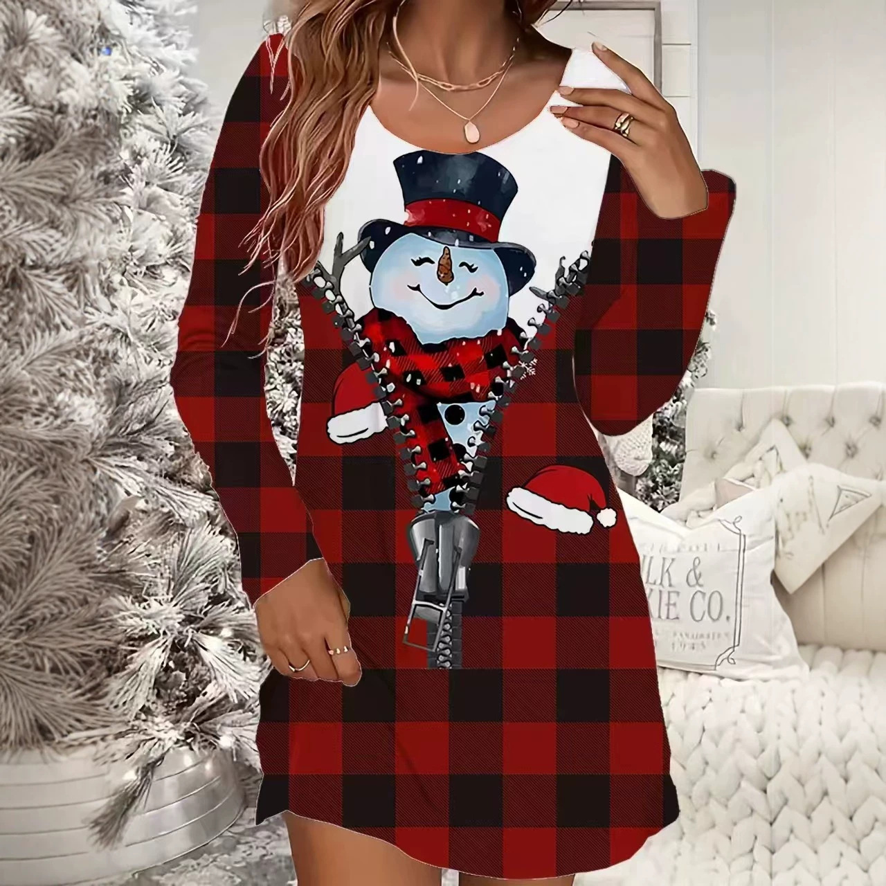 Christmas Snowflake & Tree Print Long Sleeve Crew Neck Dress