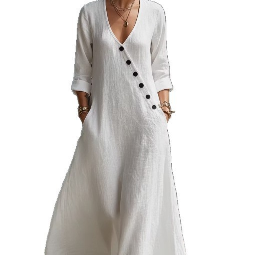 Women's V-Neck Button-Front A-Line Maxi Dress