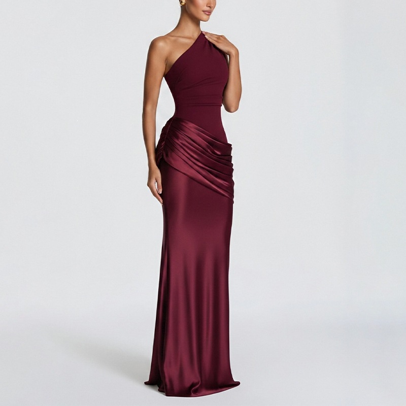 Women's One-Shoulder Bodycon Midi Dress Ruched Elegant Party Dress