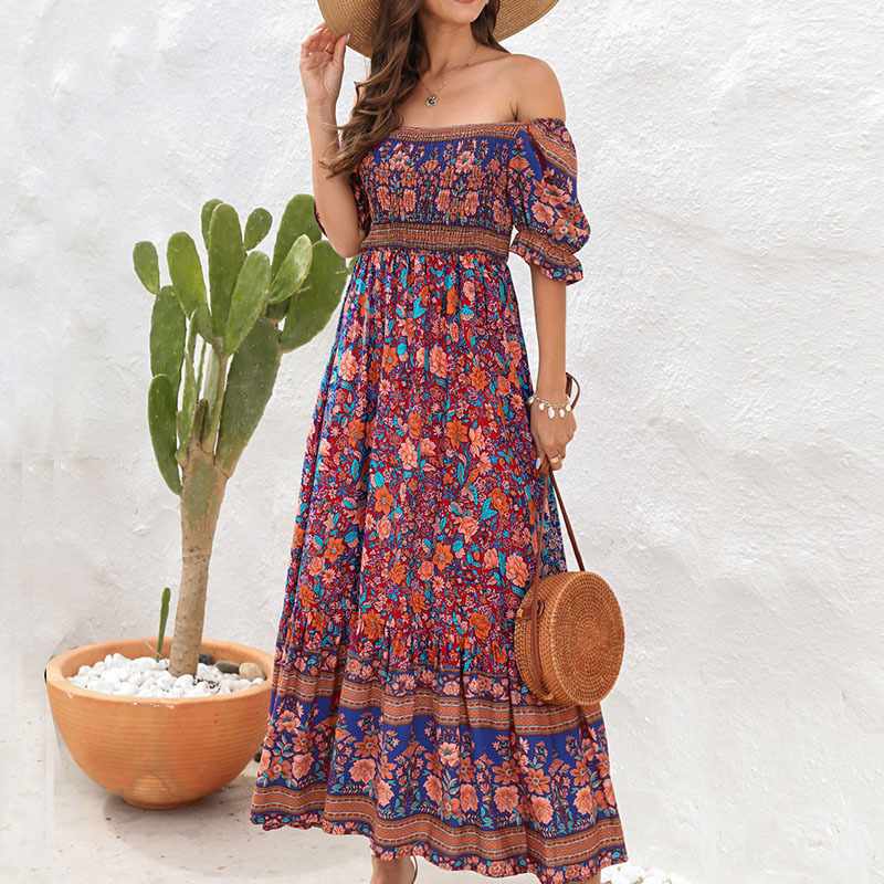 Boho Off-Shoulder Puff Sleeve Maxi Dress