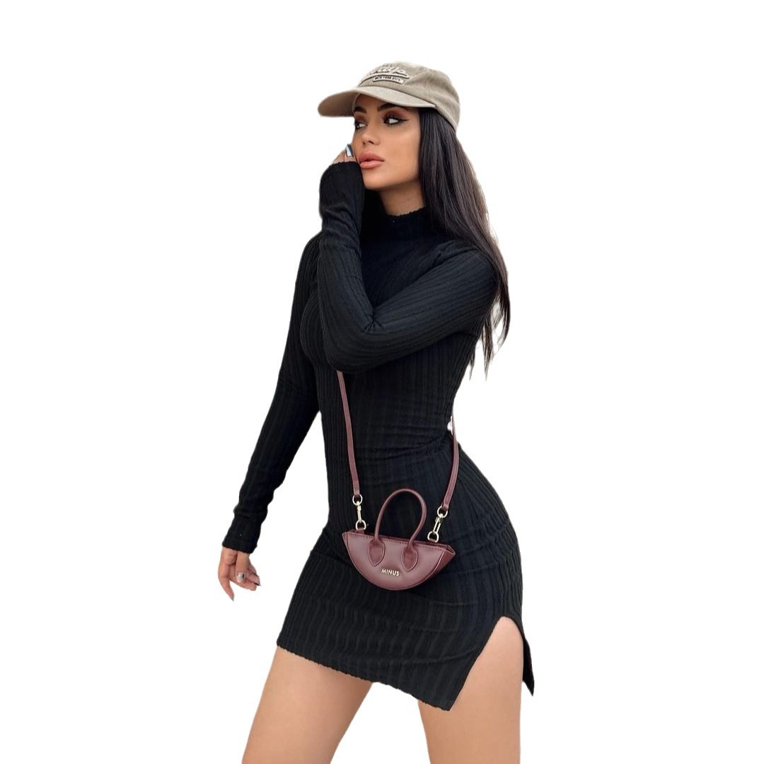 High Neck Waist-Cinching Knit Bodycon Dress Long Sleeve Slit