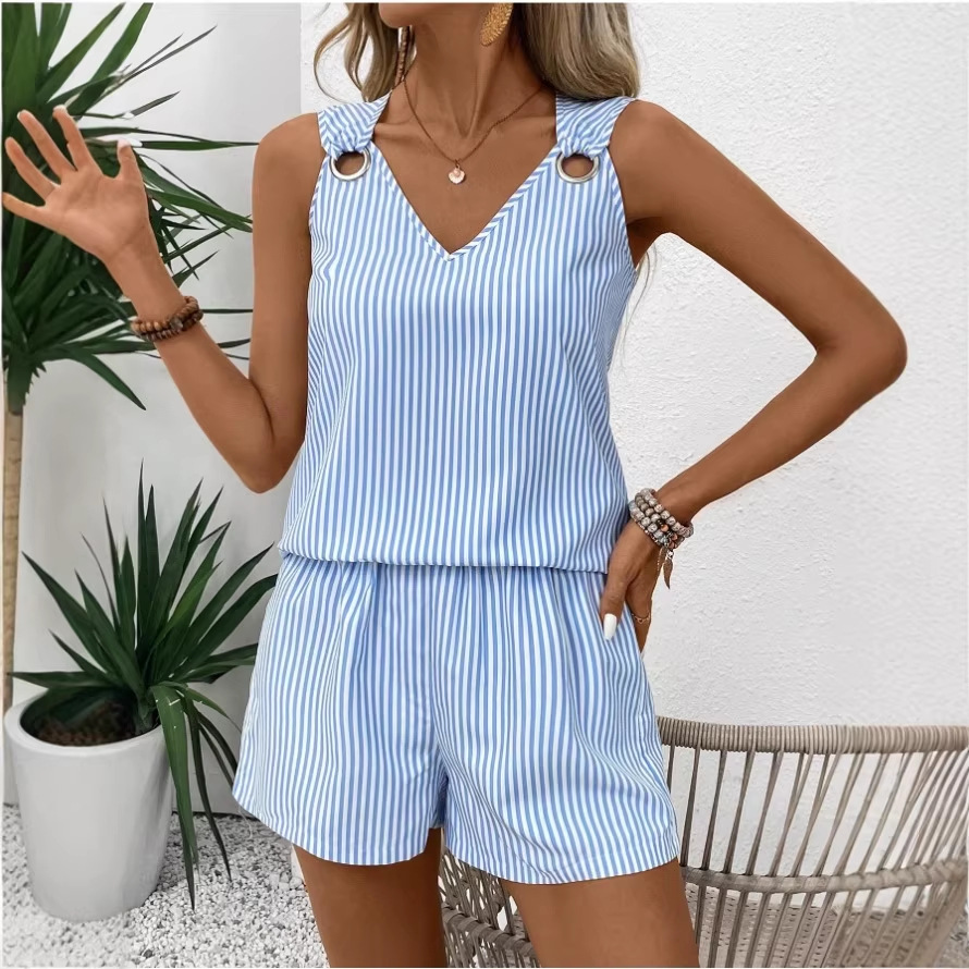 Women's Sleeveless Metal Ring Solid Color Casual Pants Set