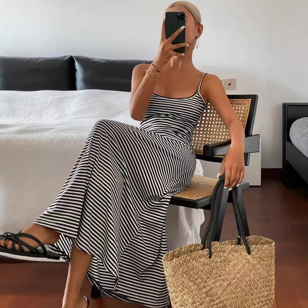 Striped Open-Back Sleeveless A-Line Midi Dress