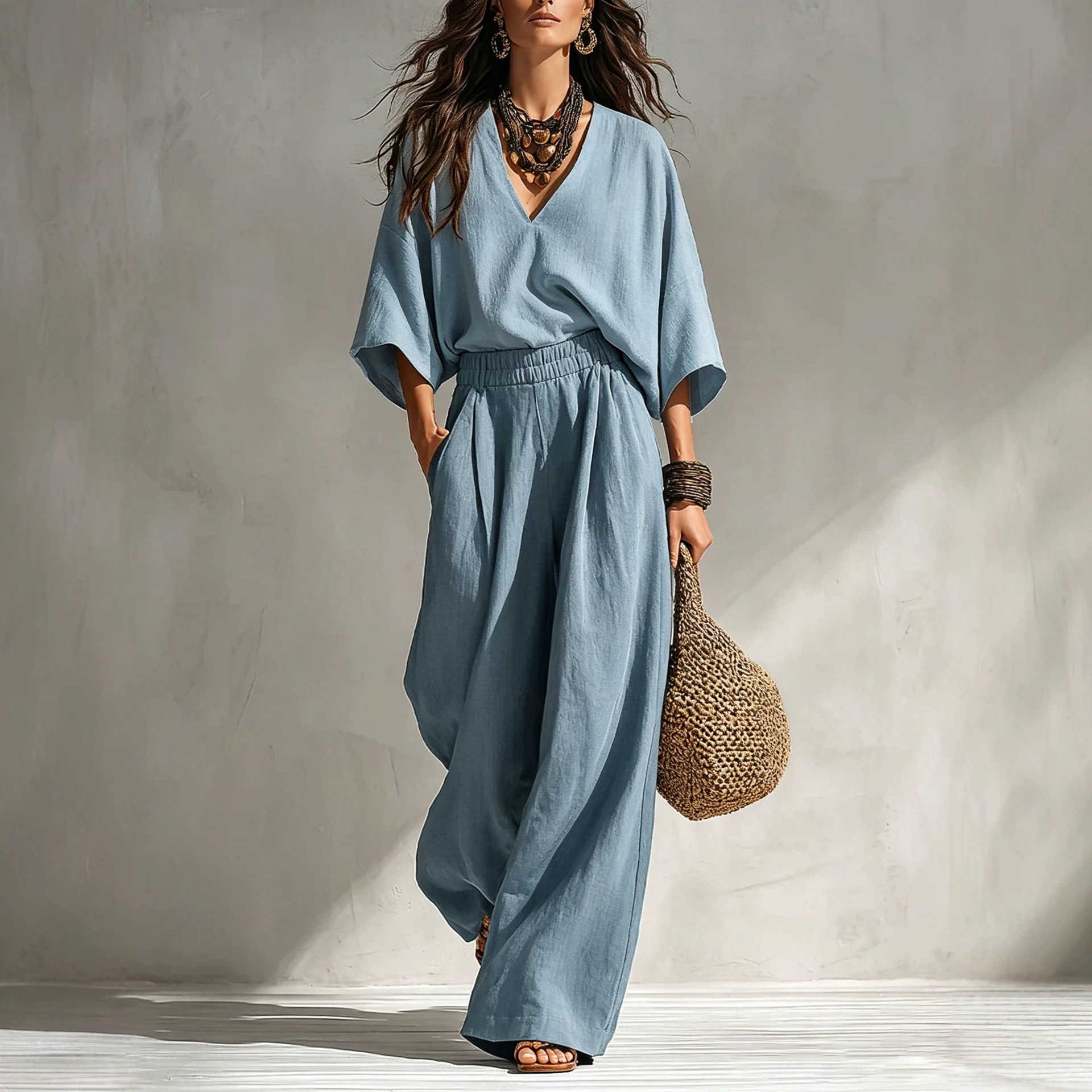 Bohemian Linen-Blend Deep V-Neck Short-Sleeve Wide-Leg Two-Piece Set