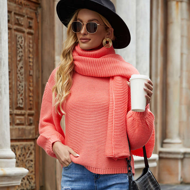 Women's Loose Fit Solid Crewneck Pullover Sweater with Scarf