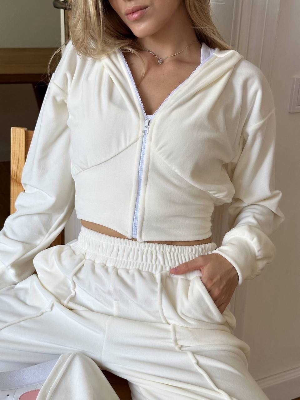 Women's Silver Fox Velvet Two-Piece Set – Solid Zip Cardigan & Elastic Wide-Leg Pants