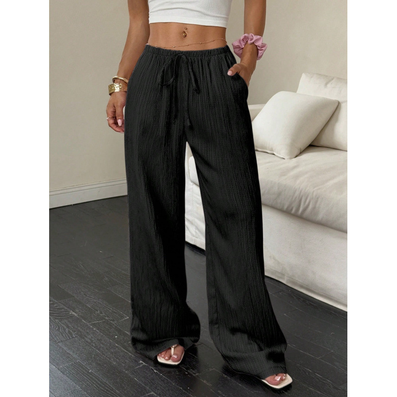 Women's Casual Textured Wide-Leg Pants with Tie Waist and Diagonal Pockets
