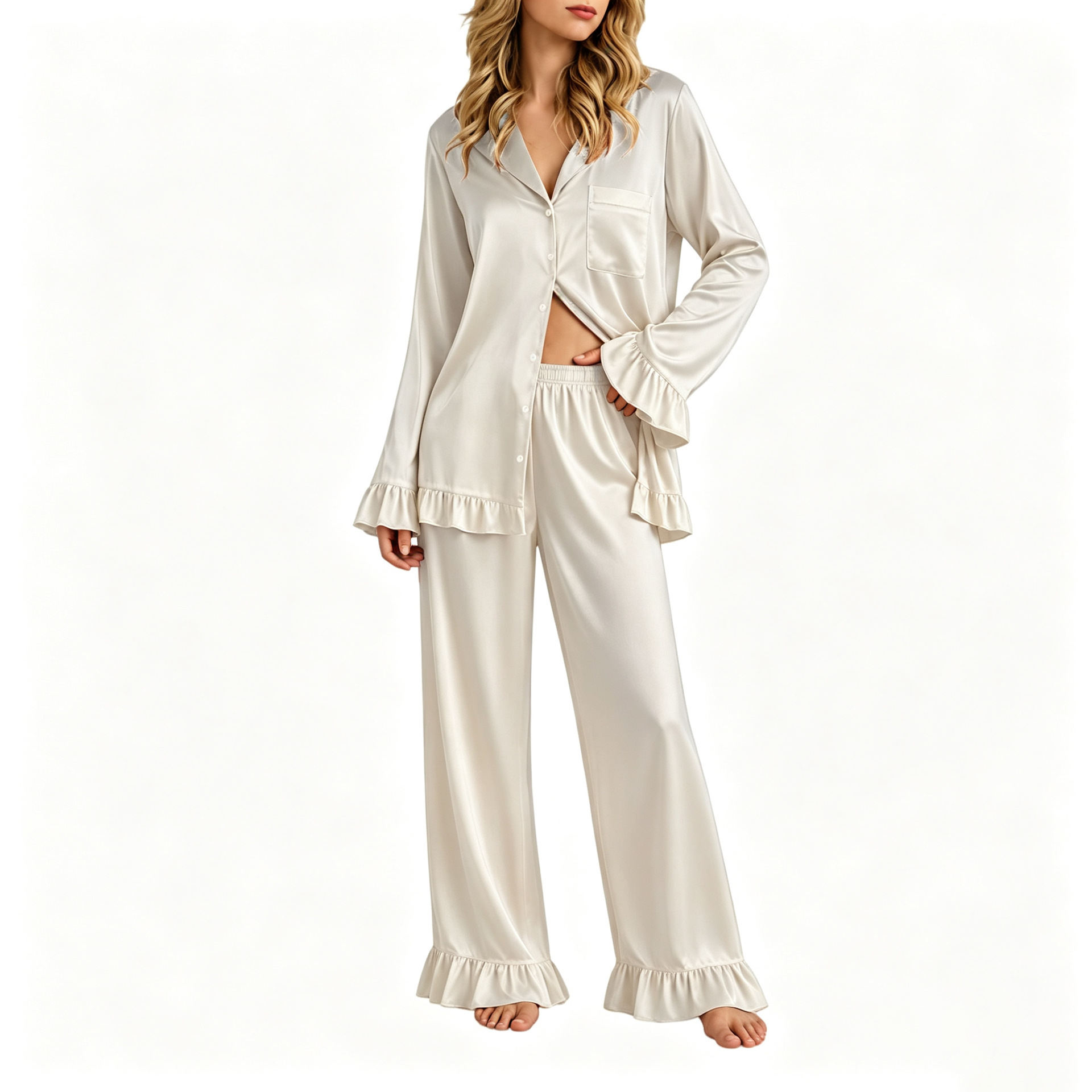 Women's Ruffle Collar Cardigan and Pants Loungewear Set Long Sleeve