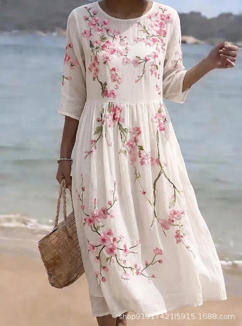 Women's Floral Print Ruched Midi Dress with Half Sleeves