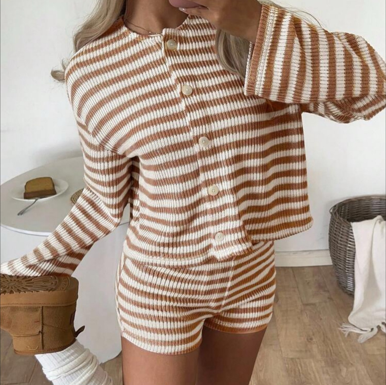 Women's Striped Zip-Up Cardigan and Shorts Two-Piece Set