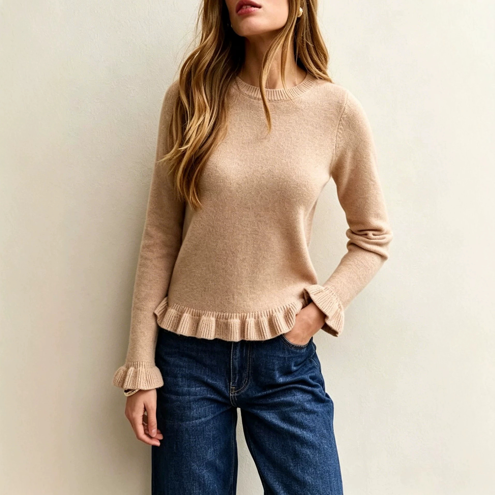 Women's Solid Crewneck Long Sleeve Pullover Knit Sweater with Ruffle Trim