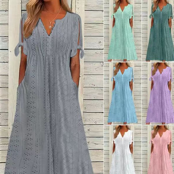 Women's Casual Loose High Waist Embroidered Solid Color Dress