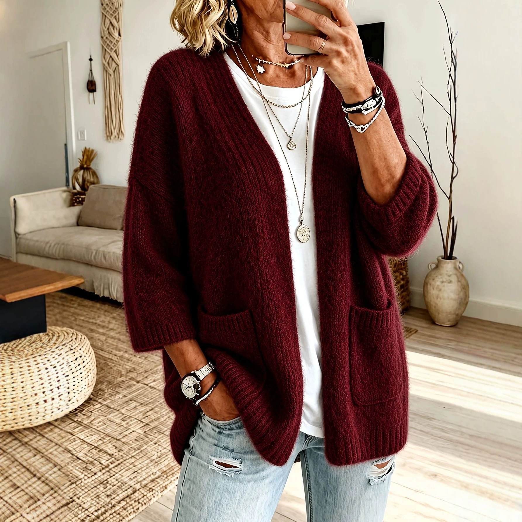 Soft Solid Knit Cardigan with Dual Pockets, Open Front, Long Sleeve