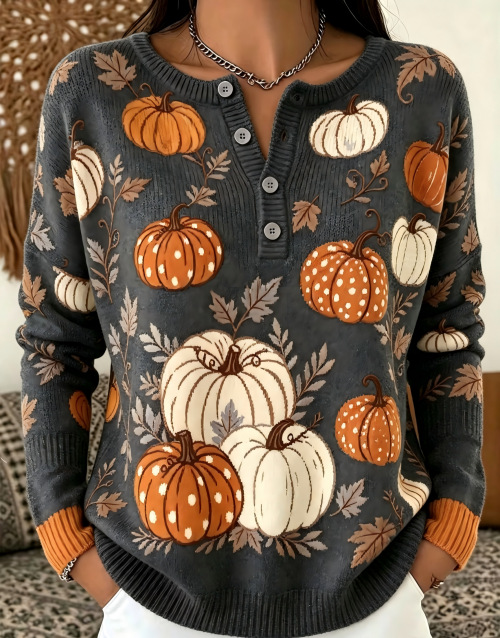 Women's Pumpkin Print Button-Up Casual Sweatshirt