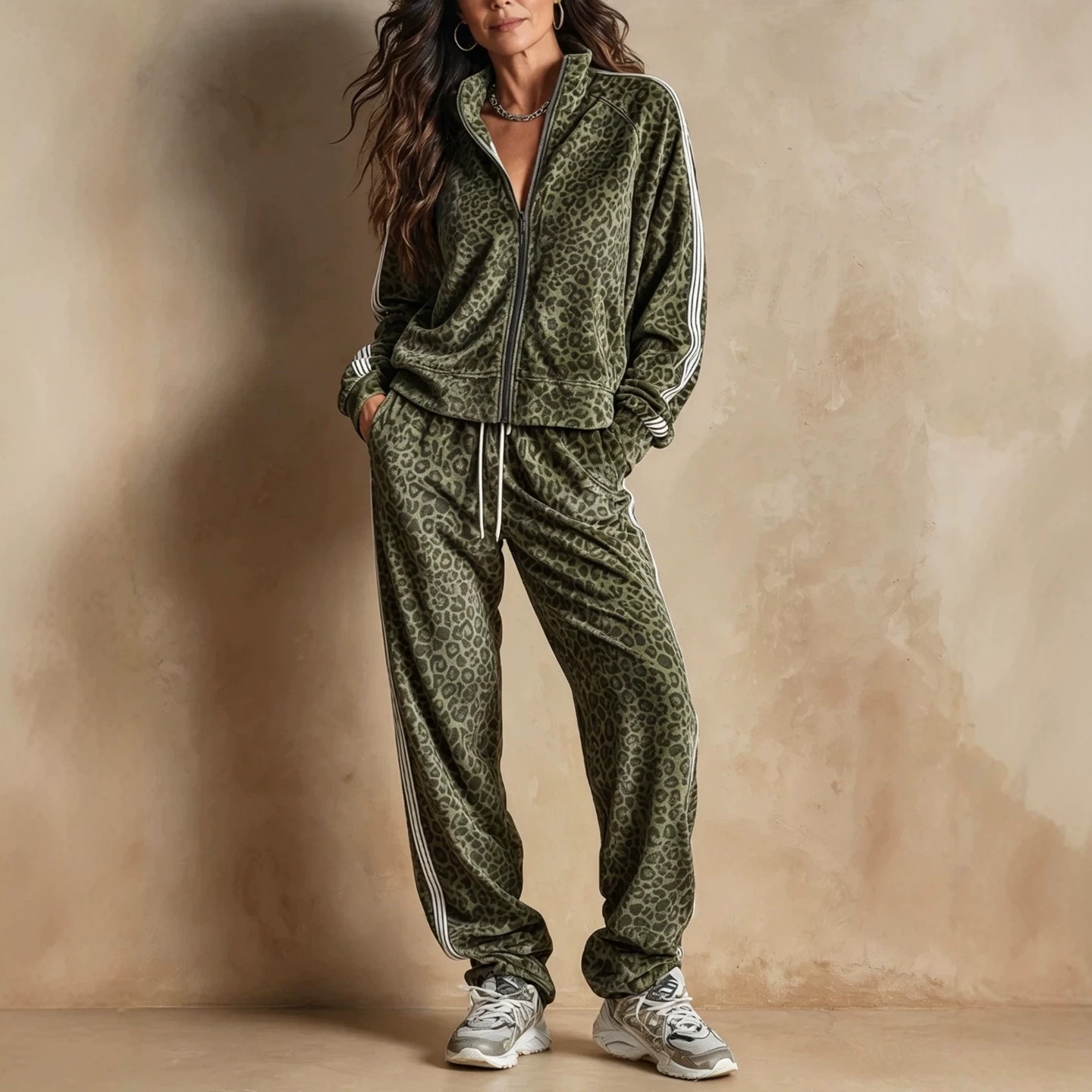Leopard Print Colorblock Zip-Up Hoodie and Pants Two-Piece Set