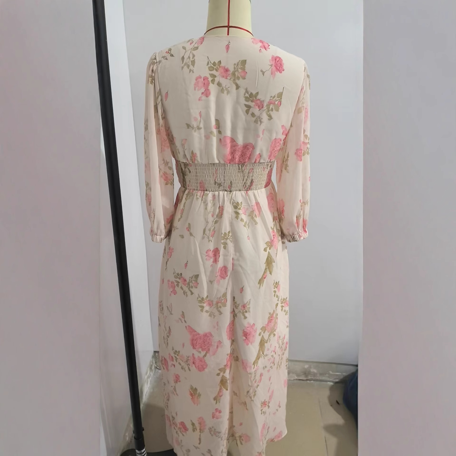 V-Neck Long Sleeve Digital Print Maxi Dress