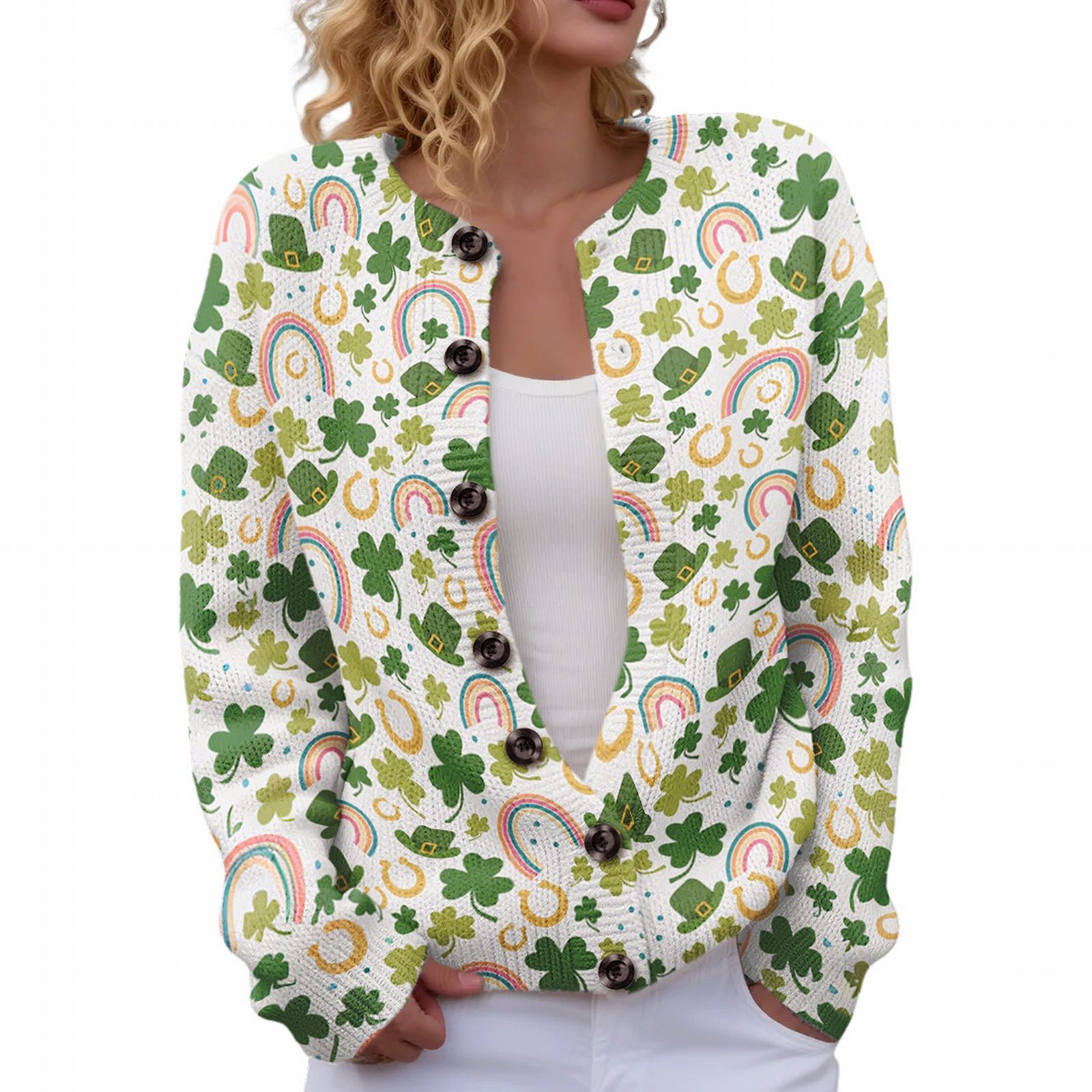 Women's Four-Leaf Clover Print Button Cardigan Sweater