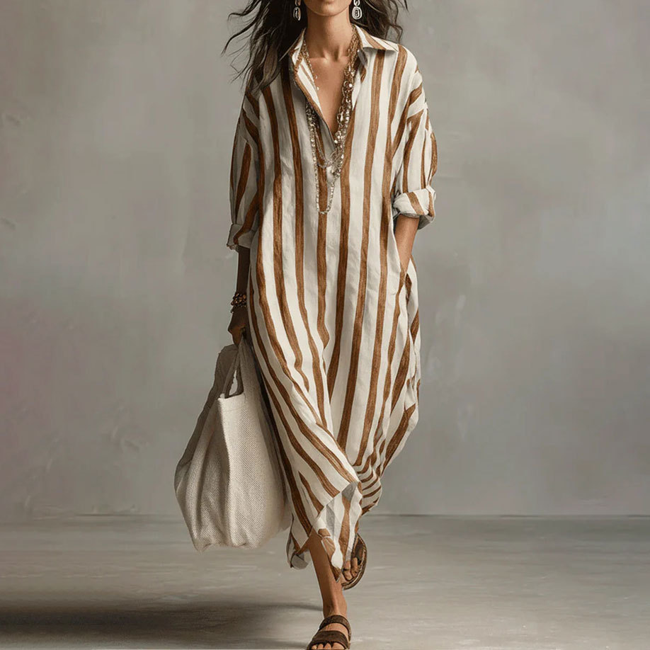 Striped V-Neck Long Dress Casual Commute Loose Fit
