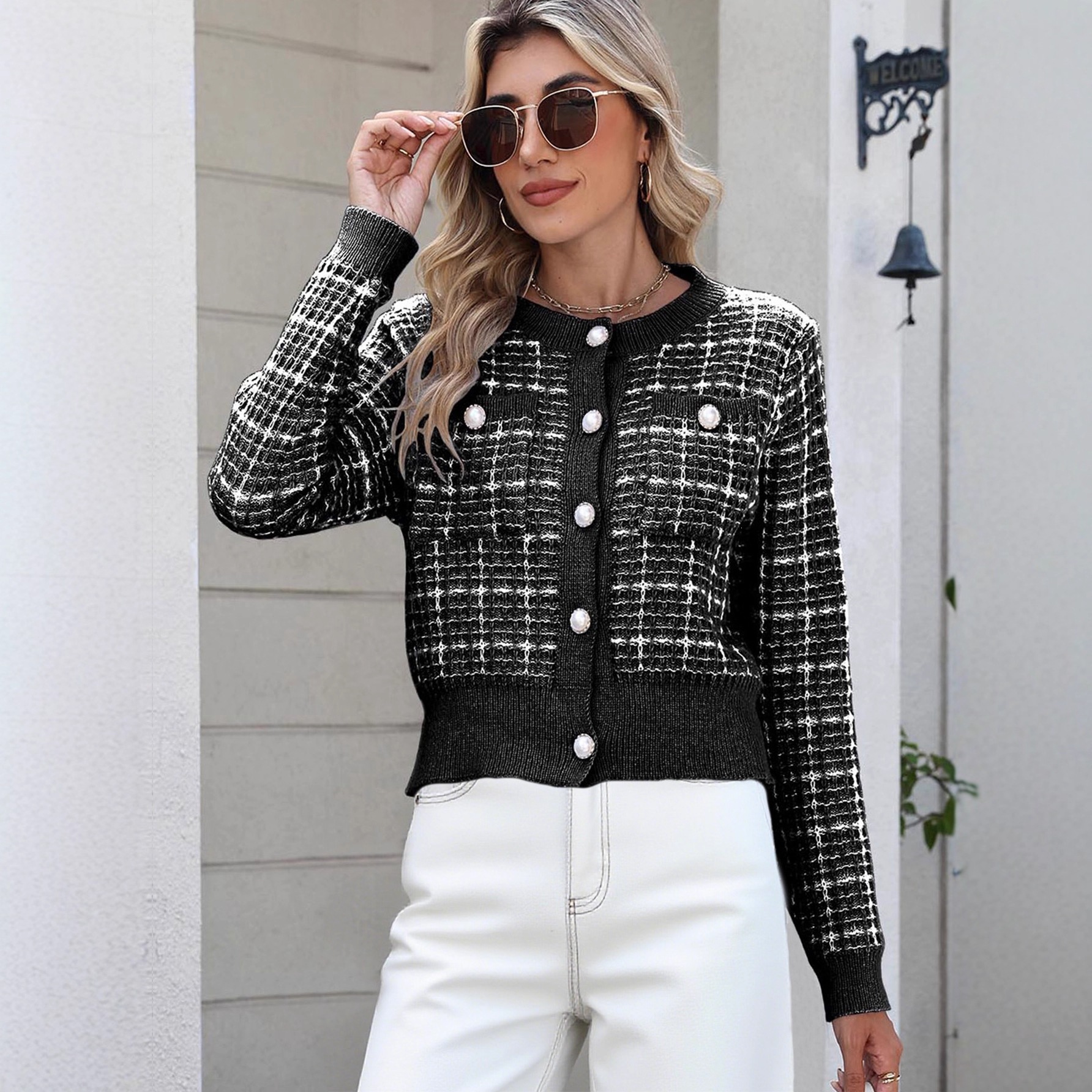 Plaid Knit Cardigan Short Jacket Women's Crewneck Long Sleeve
