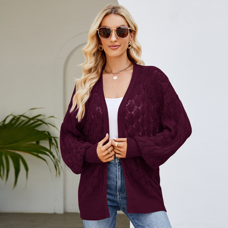 Women's V-Neck Openwork Long Sleeve Knit Cardigan Loose Fit