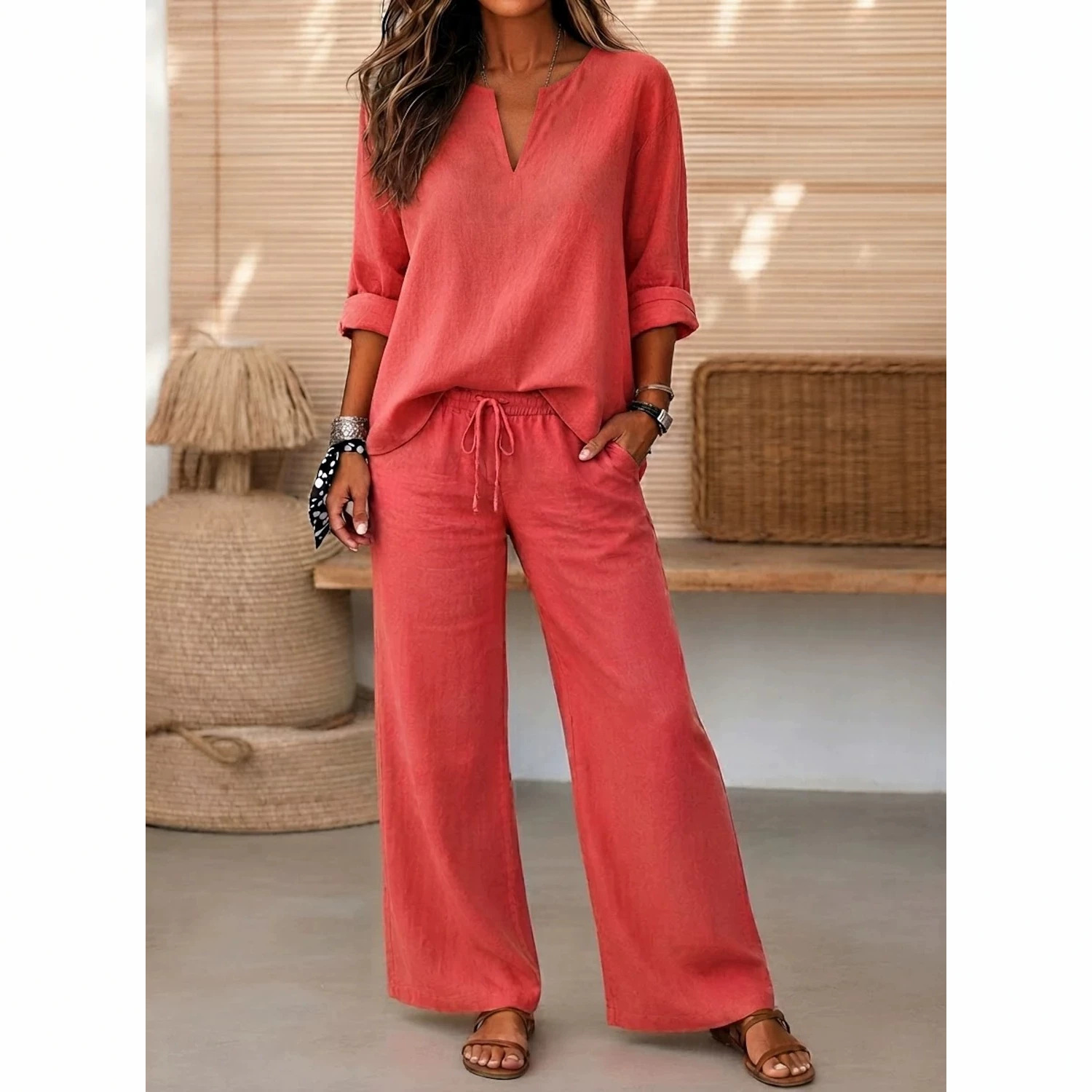 Women's Elegant Casual V-Neck Top and Straight-Leg Pants Two-Piece Set