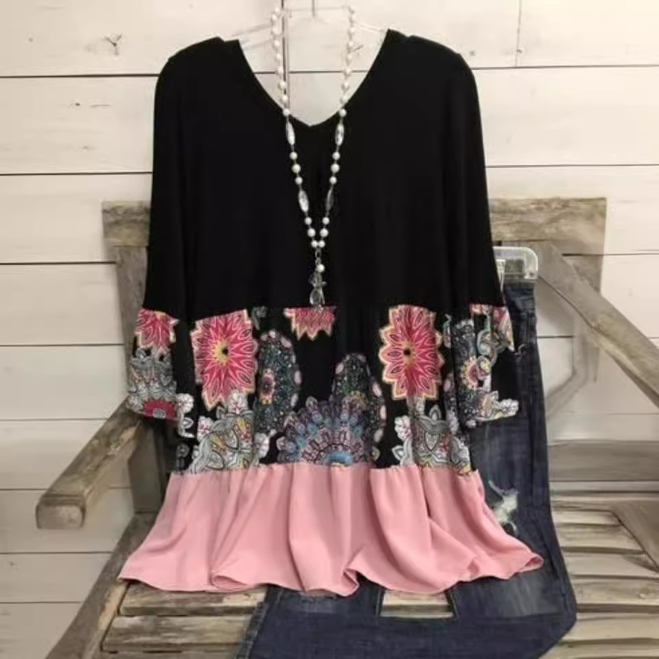 Plus Size V-Neck Floral Print Midi Dress Long Sleeve