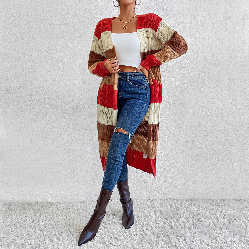 Women's Color-Block Striped Knit Long Cardigan Sweater Coat