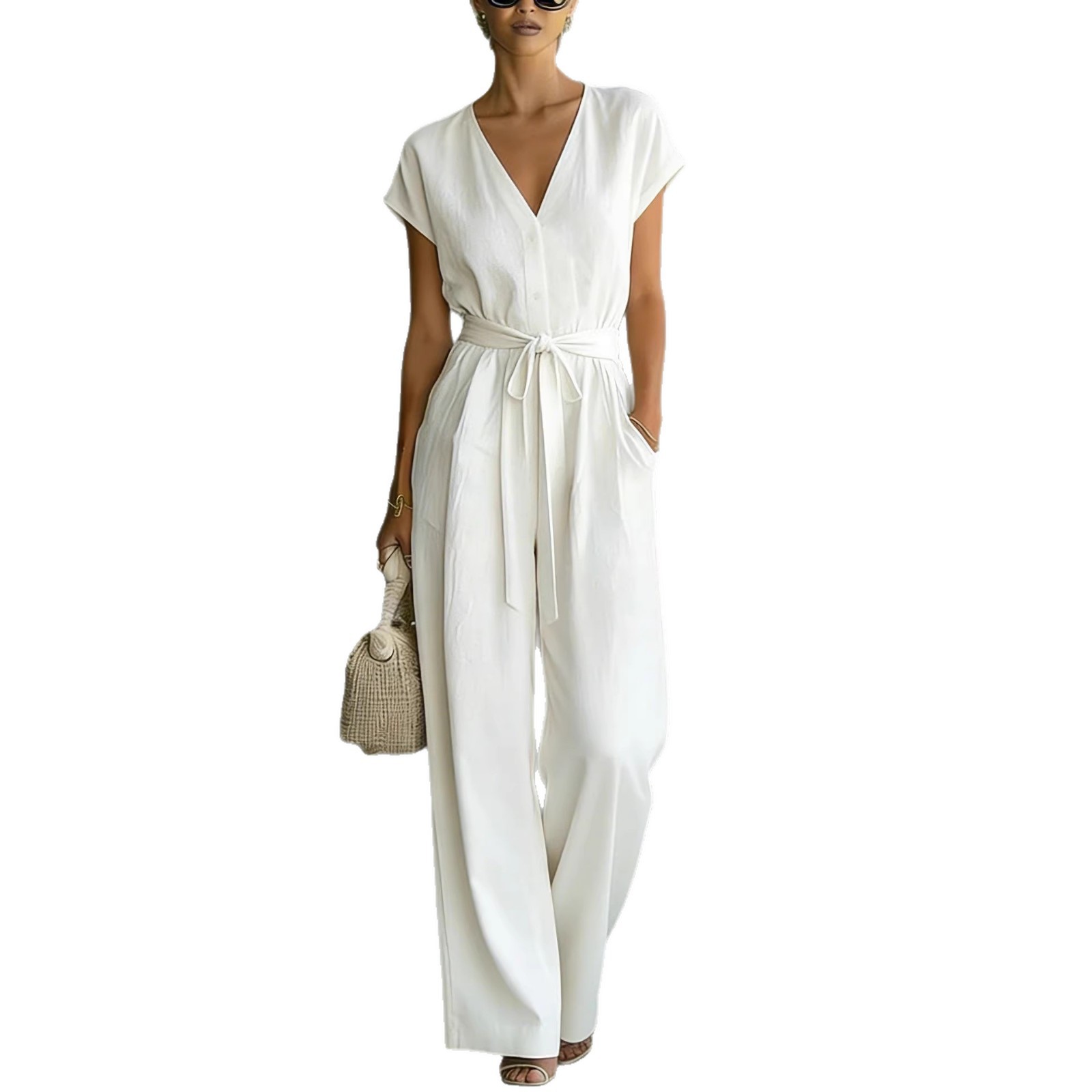 Solid Color Button-Front Belted V-Neck Jumpsuit with Pockets