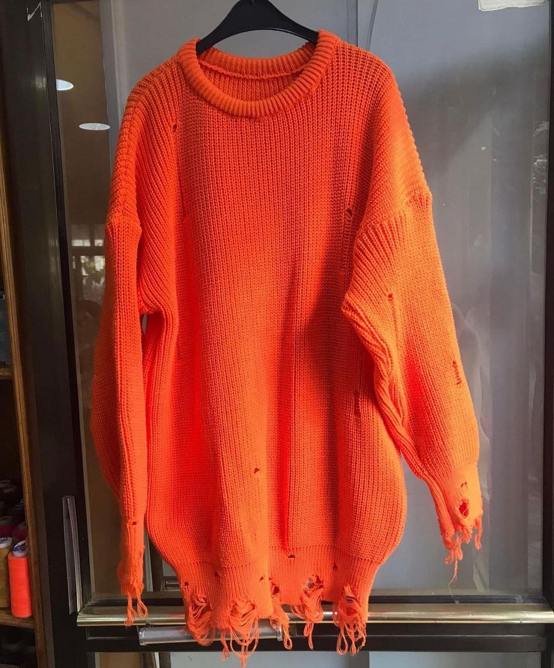 Distressed Knit Crewneck Loose Midi Long-Sleeve Sweater