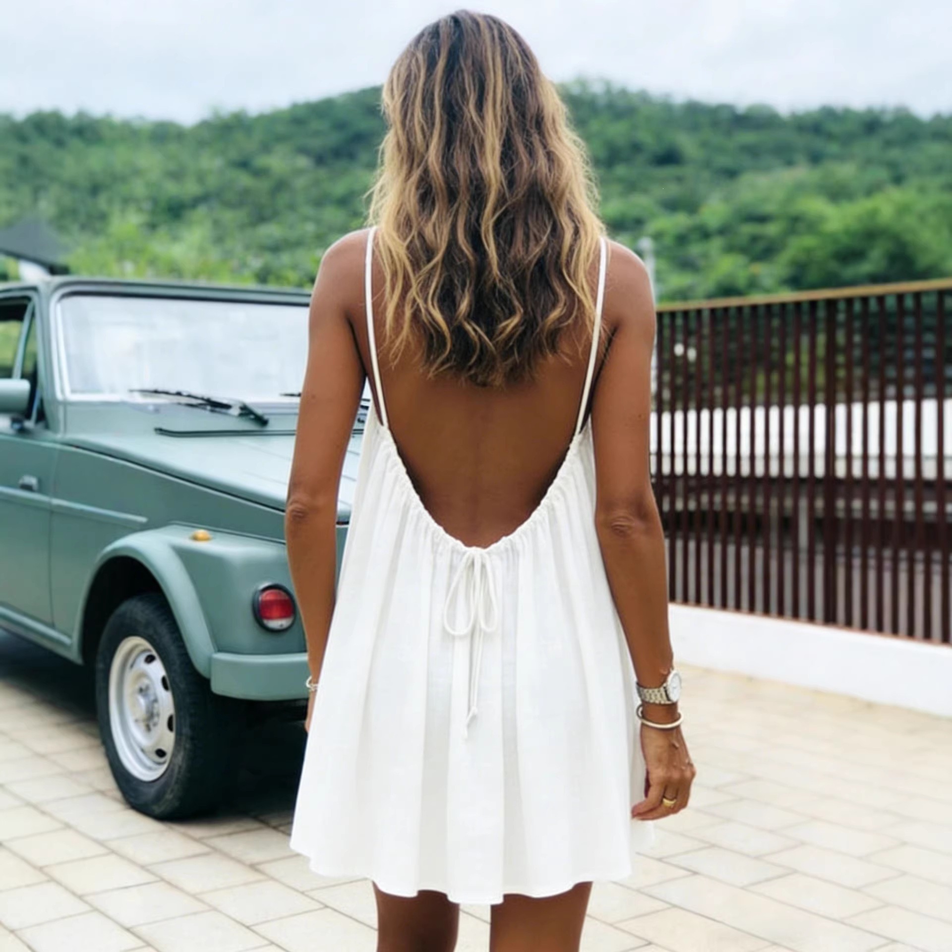 Ice Silk Ruched Open-Back Cami Mini Dress